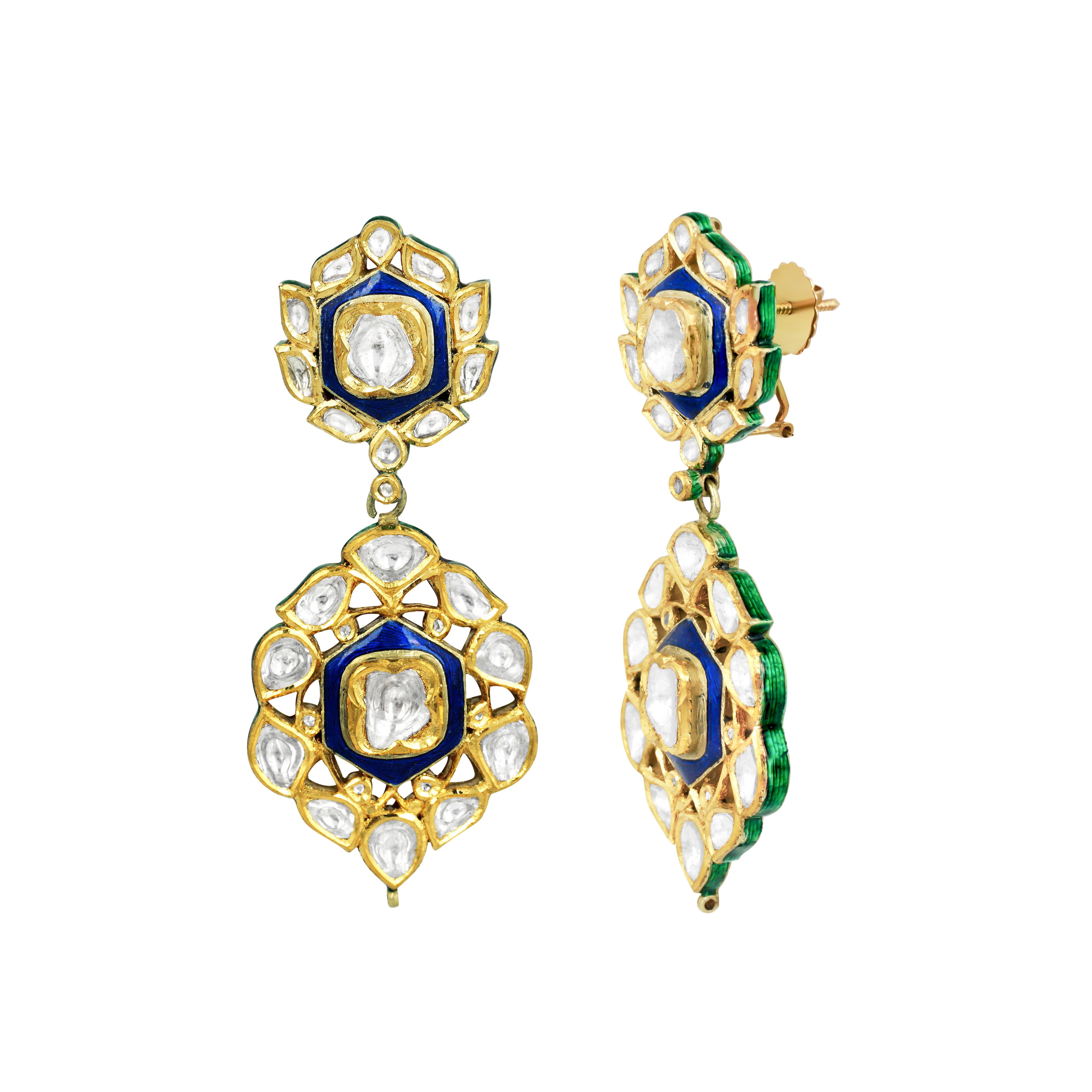 Blue Enamel Earrings with Polki Cluster and Bold Detailing